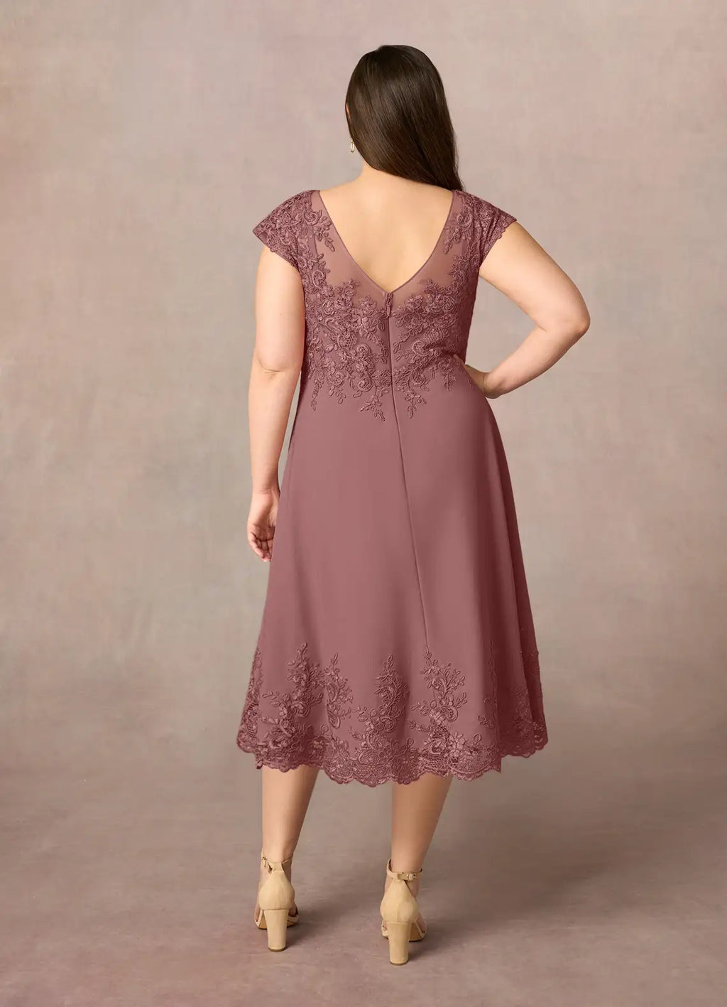 Dress Romantic Desert Rose A-Line Scoop Dress Midi-Length Cap Sleeve Illusion Back V Back Plus Size Mother of the Bride Dress