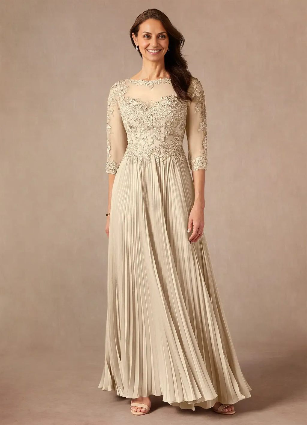Champagne A-Line Applique Floor-Length Dress Three-Quarter Sleeve Solid Color Modern V Back Scoop Neck Mother of the Bride Dress