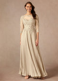 Champagne A-Line Applique Floor-Length Dress Three-Quarter Sleeve Solid Color Modern V Back Scoop Neck Mother of the Bride Dress