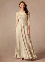 Champagne A-Line Applique Floor-Length Dress Three-Quarter Sleeve Solid Color Modern V Back Scoop Neck Mother of the Bride Dress
