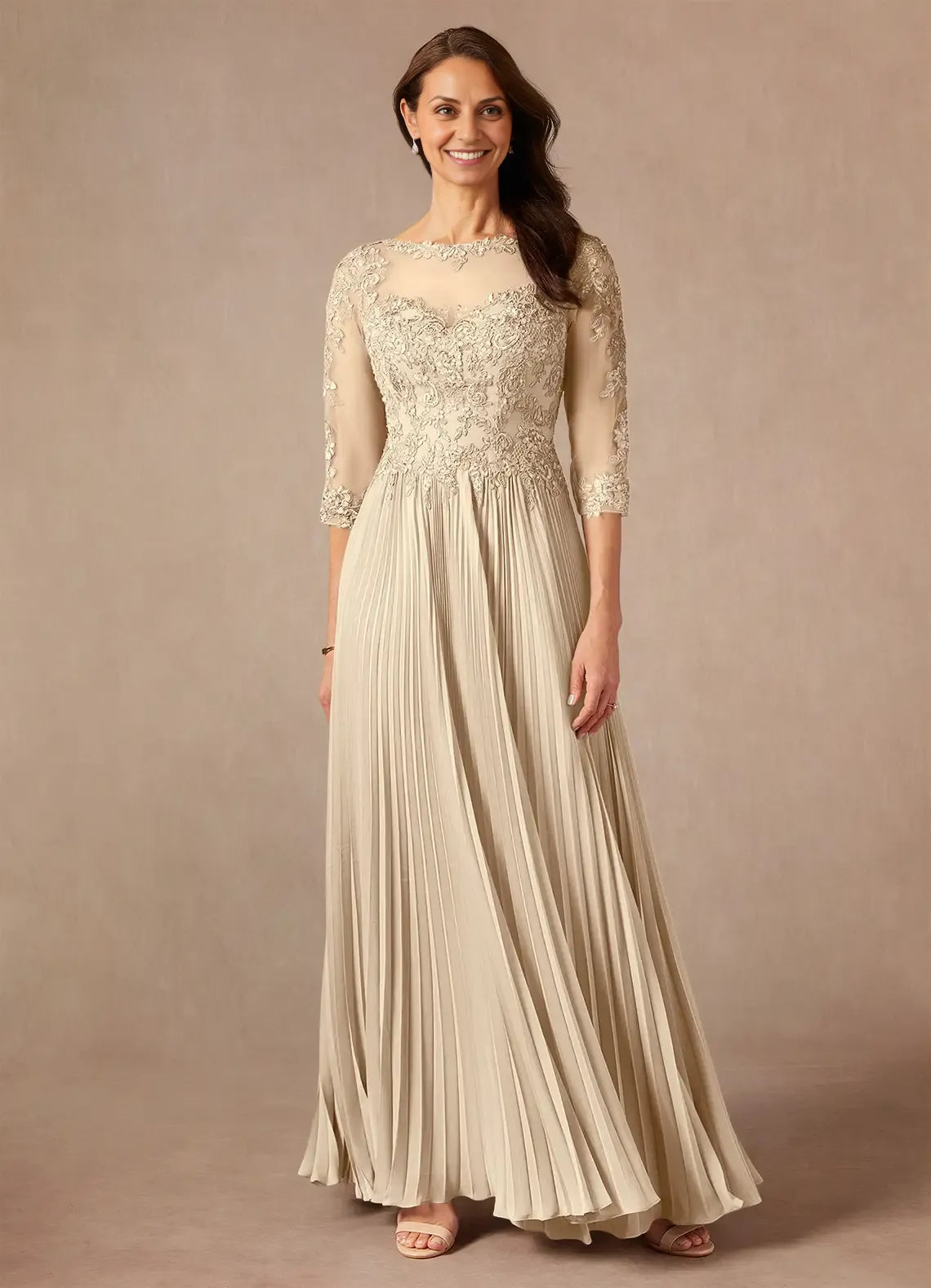 Champagne A-Line Applique Floor-Length Dress Three-Quarter Sleeve Solid Color Modern V Back Scoop Neck Mother of the Bride Dress