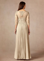 Champagne A-Line Applique Floor-Length Dress Three-Quarter Sleeve Solid Color Modern V Back Scoop Neck Mother of the Bride Dress