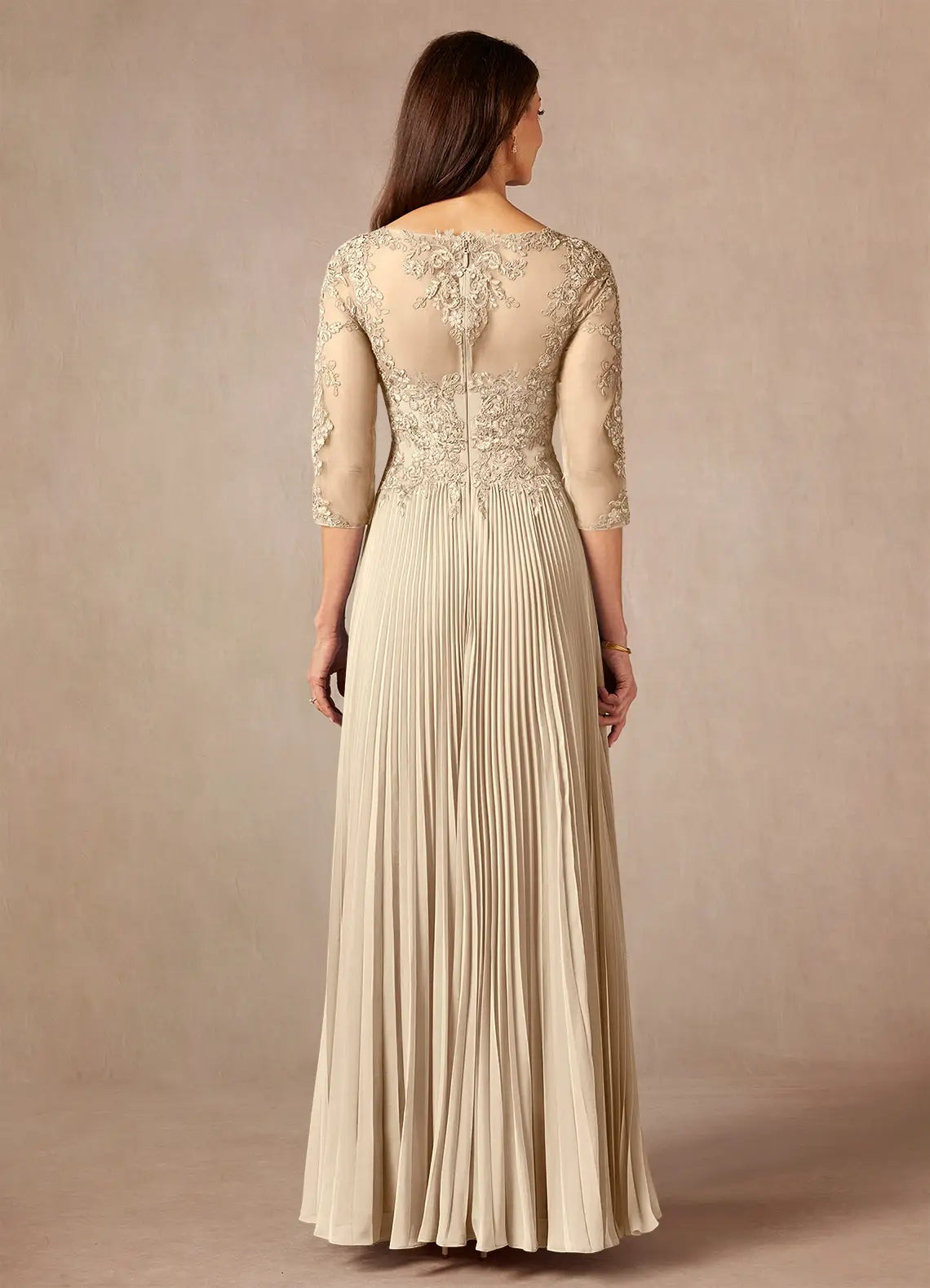 Champagne A-Line Applique Floor-Length Dress Three-Quarter Sleeve Solid Color Modern V Back Scoop Neck Mother of the Bride Dress