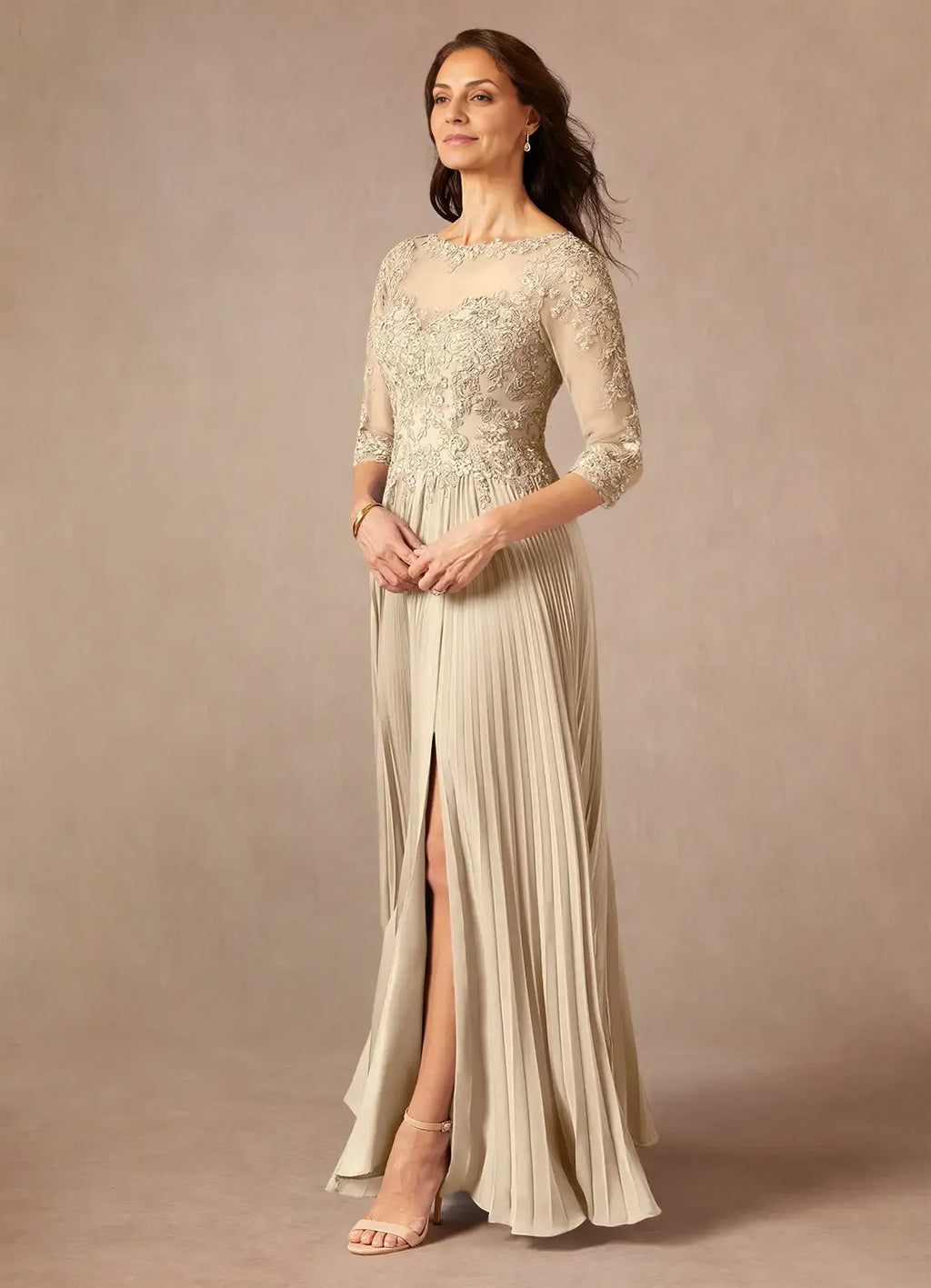 Champagne A-Line Applique Floor-Length Dress Three-Quarter Sleeve Solid Color Modern V Back Scoop Neck Mother of the Bride Dress