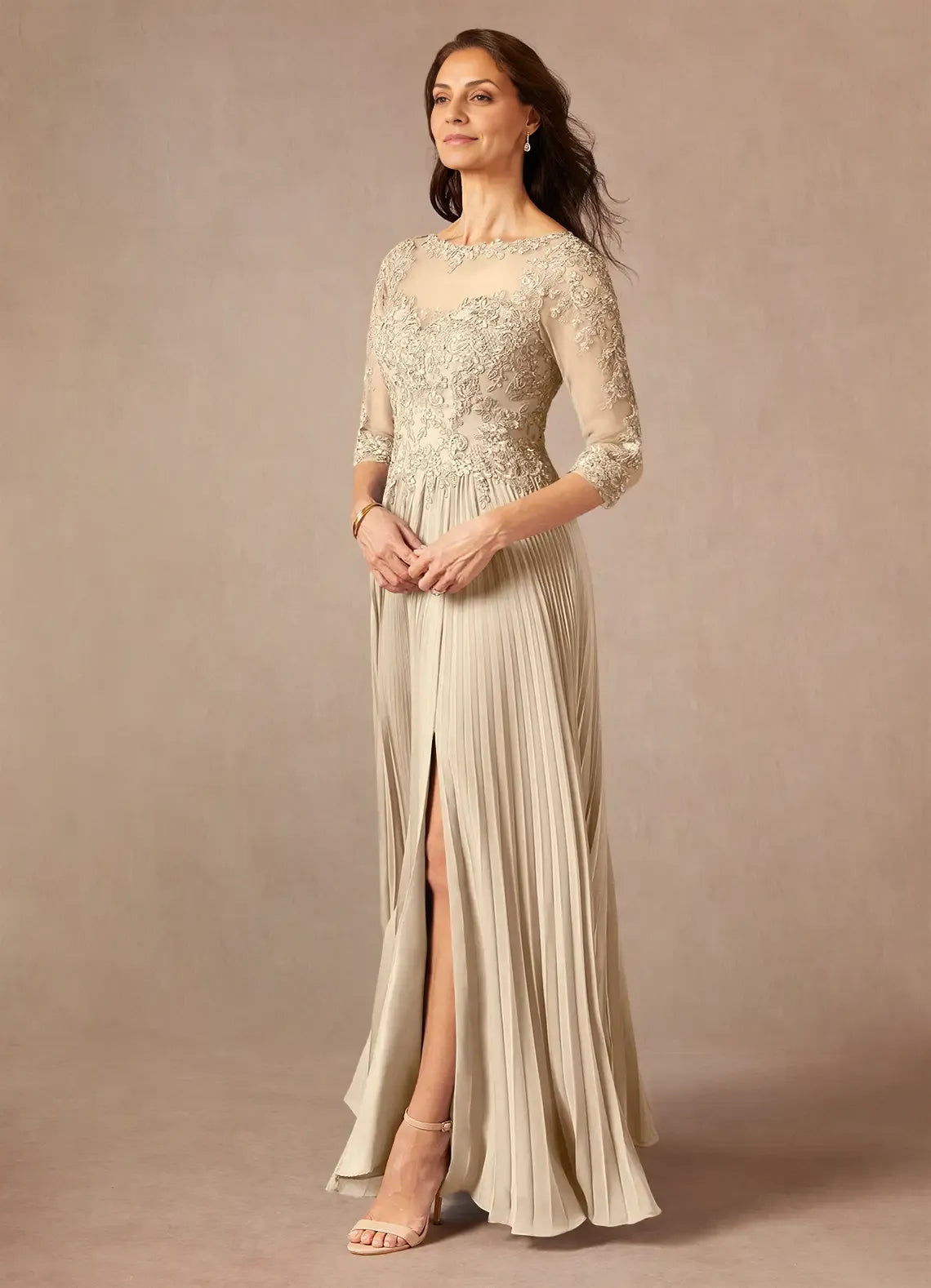 Champagne A-Line Applique Floor-Length Dress Three-Quarter Sleeve Solid Color Modern V Back Scoop Neck Mother of the Bride Dress