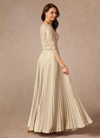 Champagne A-Line Applique Floor-Length Dress Three-Quarter Sleeve Solid Color Modern V Back Scoop Neck Mother of the Bride Dress