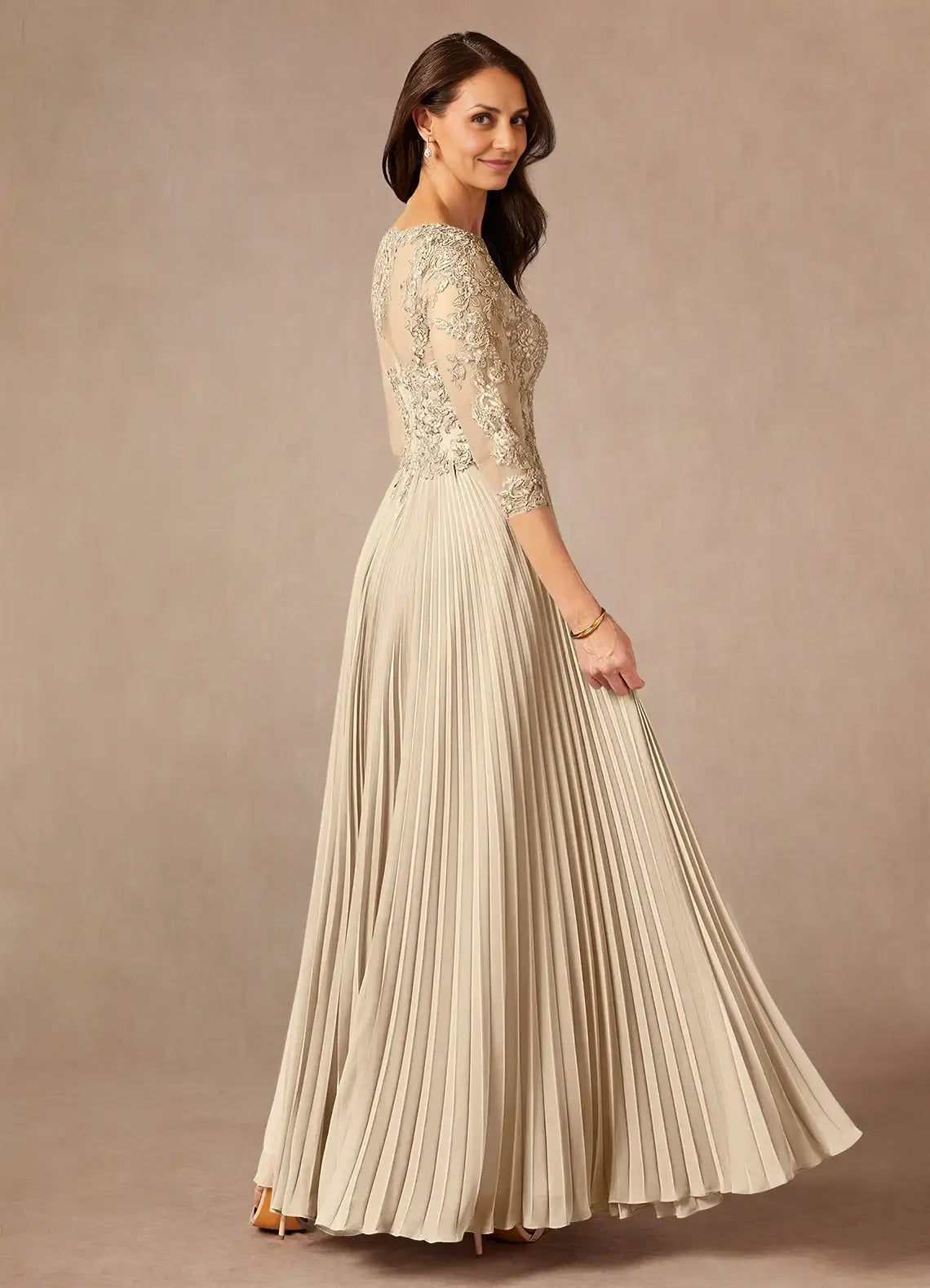Champagne A-Line Applique Floor-Length Dress Three-Quarter Sleeve Solid Color Modern V Back Scoop Neck Mother of the Bride Dress