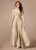 Champagne A-Line Applique Floor-Length Dress Three-Quarter Sleeve Solid Color Modern V Back Scoop Neck Mother of the Bride Dress