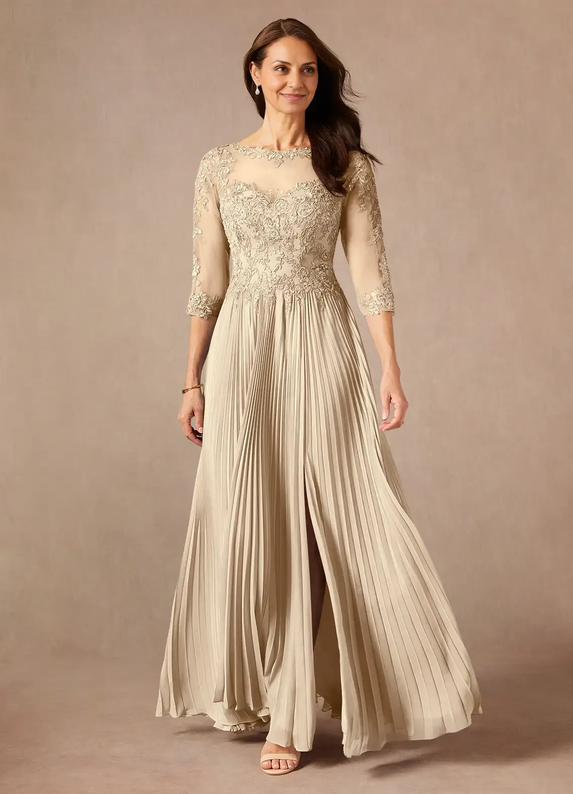 Champagne A-Line Applique Floor-Length Dress Three-Quarter Sleeve Solid Color Modern V Back Scoop Neck Mother of the Bride Dress