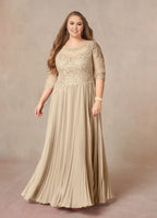 Champagne A-Line Applique Floor-Length Plus Size Dress Three-Quarter Sleeve Solid Color Modern V Back Scoop Neck Mother of the Bride Dress (Copy)