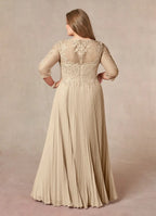Champagne A-Line Applique Floor-Length Plus Size Dress Three-Quarter Sleeve Solid Color Modern V Back Scoop Neck Mother of the Bride Dress (Copy)