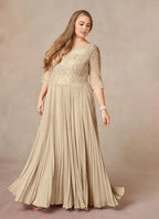 Champagne A-Line Applique Floor-Length Plus Size Dress Three-Quarter Sleeve Solid Color Modern V Back Scoop Neck Mother of the Bride Dress (Copy)