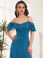 A-Line Side Split Sparkle Bridesmaid Dress Adjustable Strap Evening Dress Trendy Floor Length Ball Gowns