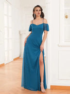 A-Line Side Split Sparkle Bridesmaid Dress Adjustable Strap Evening Dress Trendy Floor Length Ball Gowns