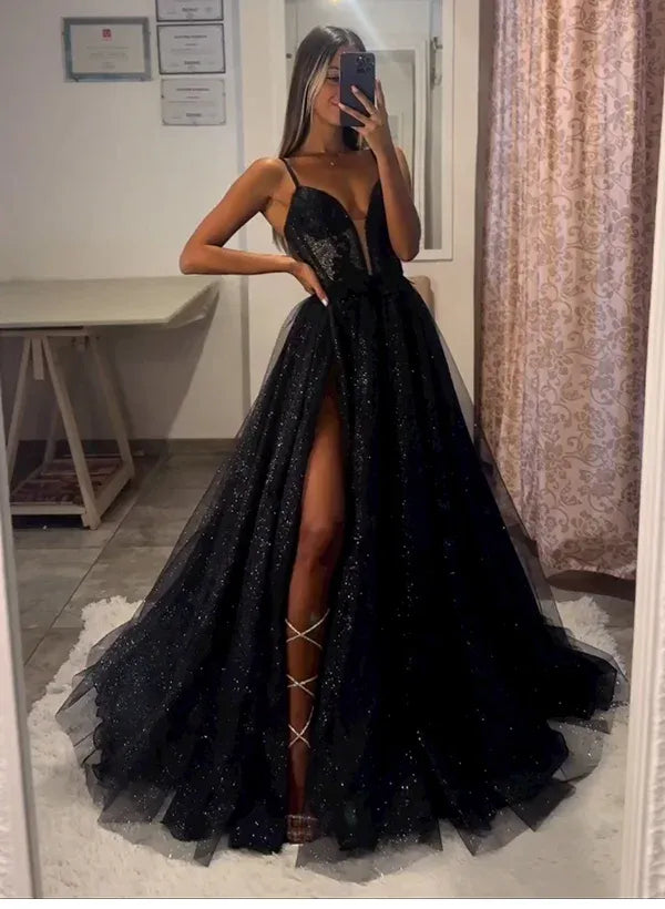 Prom Dress A Line Spaghetti Strap Glitter Tulle With High Slit Corset Bodice Boning For Red Carpet Ready