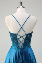 A-Line Spaghetti Strap Corset Beaded Teal Train Prom Dress Hot Sale