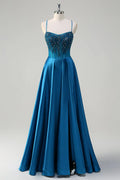 A-Line Spaghetti Strap Corset Beaded Teal Train Prom Dress Hot Sale
