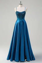A-Line Spaghetti Strap Corset Beaded Teal Train Prom Dress Hot Sale
