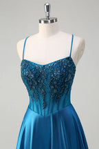 A-Line Spaghetti Strap Corset Beaded Teal Train Prom Dress Hot Sale