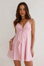 A Line Spaghetti Strap Dress With Tie Front Ruffle Pink For Teens Homecoming Romantic Flowy Fit