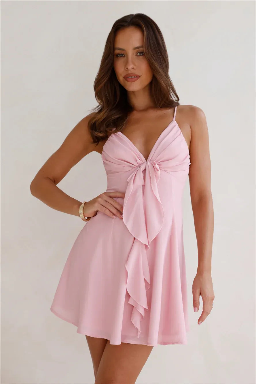 A Line Spaghetti Strap Dress With Tie Front Ruffle Pink For Teens Homecoming Romantic Flowy Fit