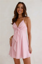 A Line Spaghetti Strap Dress With Tie Front Ruffle Pink For Teens Homecoming Romantic Flowy Fit