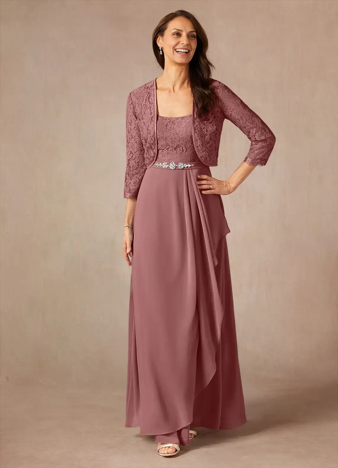 Rose A-Line Square Neckline Floor-Length Dress Three-Quarter Sleeve Solid Color Vintage Mother of the Bride Dress