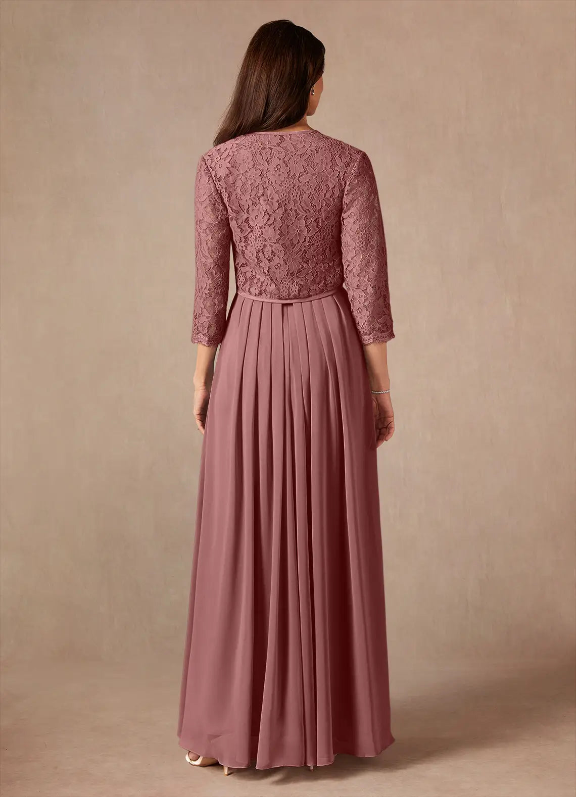 Rose A-Line Square Neckline Floor-Length Dress Three-Quarter Sleeve Solid Color Vintage Mother of the Bride Dress