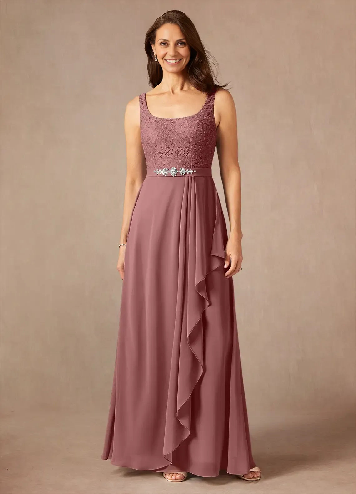 Rose A-Line Square Neckline Floor-Length Dress Three-Quarter Sleeve Solid Color Vintage Mother of the Bride Dress