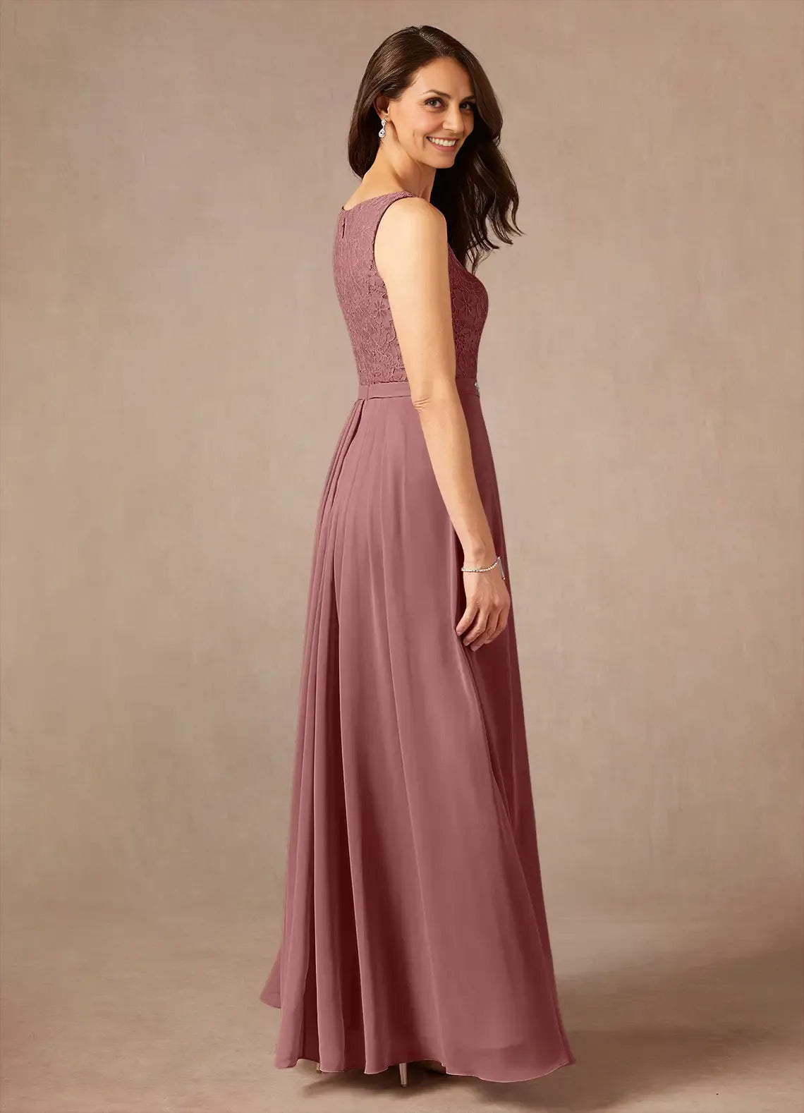 Rose A-Line Square Neckline Floor-Length Dress Three-Quarter Sleeve Solid Color Vintage Mother of the Bride Dress