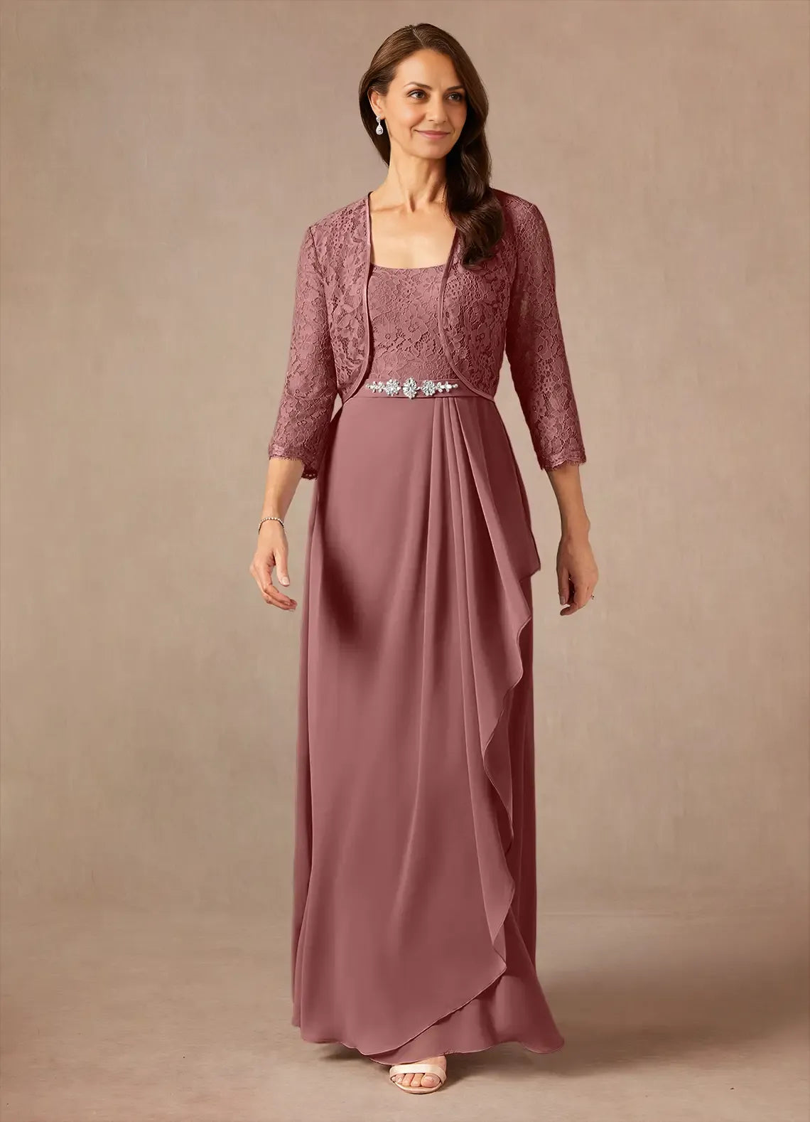 Rose A-Line Square Neckline Floor-Length Dress Three-Quarter Sleeve Solid Color Vintage Mother of the Bride Dress