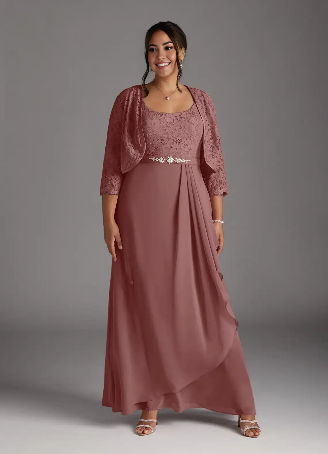 Rose A-Line Square Neckline Floor-Length Dress Three-Quarter Sleeve Solid Color Vintage Plus Size Mother of the Bride Dress