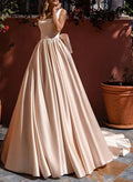 Satin Prom Dress A Line With Bow Detail And Square Neck Champagne With Court Train For Prom Queens