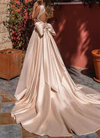 Satin Prom Dress A Line With Bow Detail And Square Neck Champagne With Court Train For Prom Queens