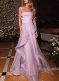 Elegant Lavender Organza Prom Dress With A Line Strapless Gown And Asymmetrical Layered Skirt For Senior Prom Night
