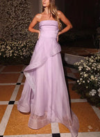Elegant Lavender Organza Prom Dress With A Line Strapless Gown And Asymmetrical Layered Skirt For Senior Prom Night