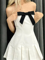 A Line Strapless White Homecoming Dress With Black Bow Pleated Mini Skirt For Ladies