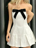 A Line Strapless White Homecoming Dress With Black Bow Pleated Mini Skirt For Ladies
