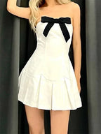 A Line Strapless White Homecoming Dress With Black Bow Pleated Mini Skirt For Ladies