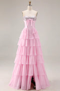 A-Line Strapless Corset Tiered Ruffle Sequin Blush Maxi Prom Dress With Slit