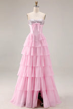 A-Line Strapless Corset Tiered Ruffle Sequin Blush Maxi Prom Dress With Slit