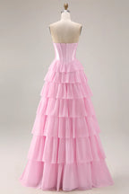 A-Line Strapless Corset Tiered Ruffle Sequin Blush Maxi Prom Dress With Slit
