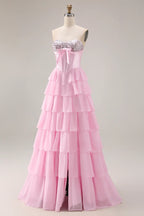 A-Line Strapless Corset Tiered Ruffle Sequin Blush Maxi Prom Dress With Slit
