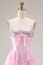 A-Line Strapless Corset Tiered Ruffle Sequin Blush Maxi Prom Dress With Slit