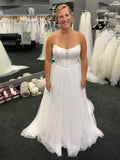 A-Line Strapless Lace Appliqued Tulle White Floor-Length Wedding Dress