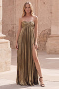 A Line Strapless Prom Dress With Side Slit Metallic Gold For Women Glamorous Red Carpet Style