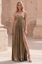 A Line Strapless Prom Dress With Side Slit Metallic Gold For Women Glamorous Red Carpet Style