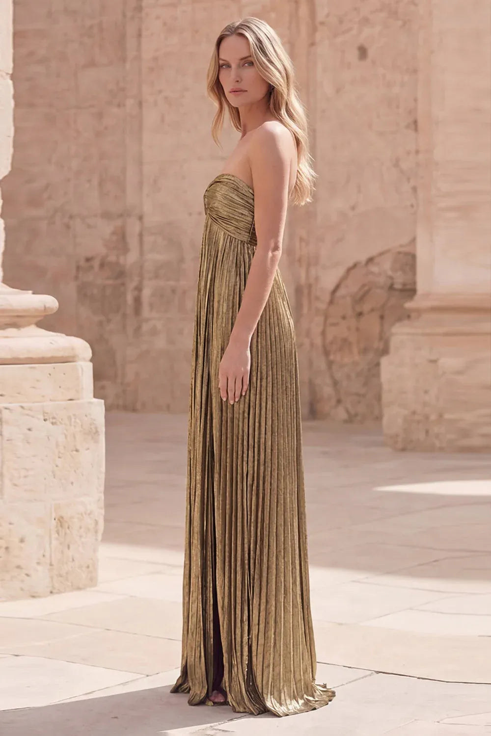 A Line Strapless Prom Dress With Side Slit Metallic Gold For Women Glamorous Red Carpet Style