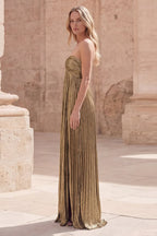 A Line Strapless Prom Dress With Side Slit Metallic Gold For Women Glamorous Red Carpet Style