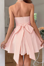 A Line Strapless Blush Pink Teen Homecoming Dress With Ruched Bodice And Tie Bow Back